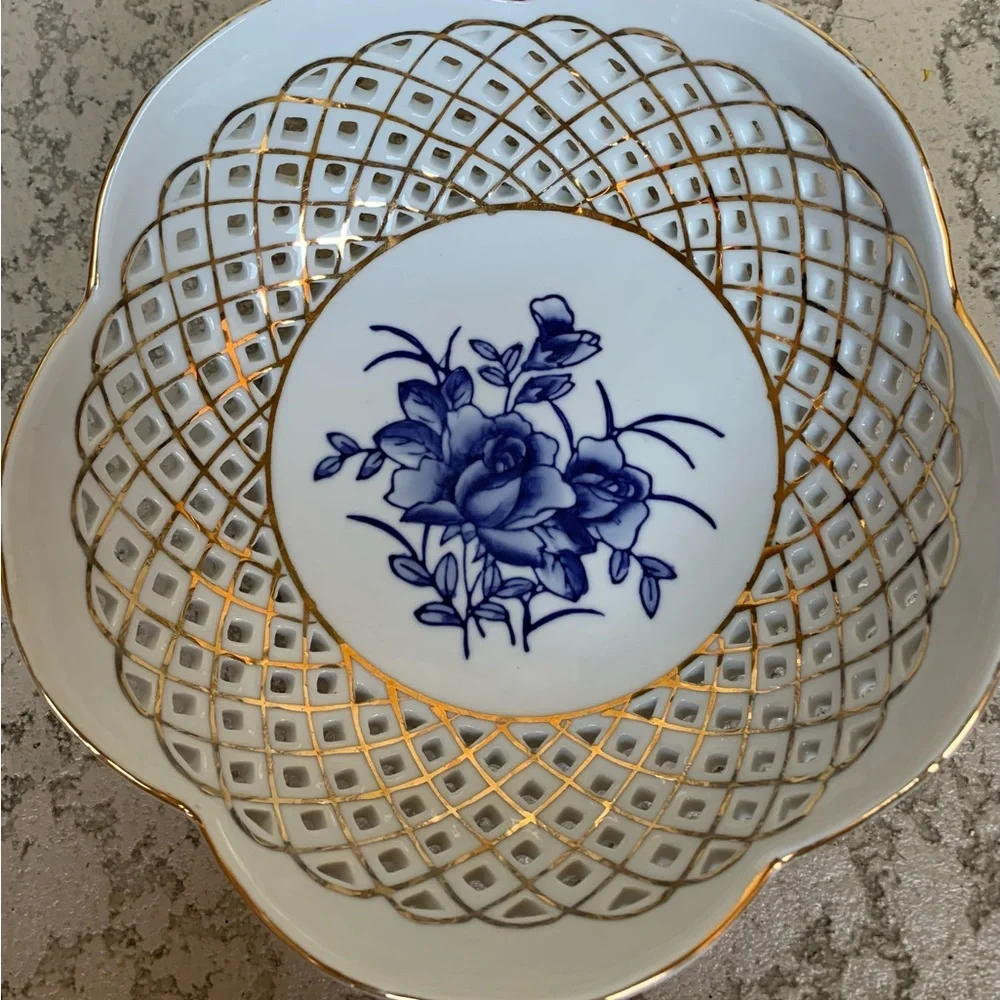 Venezia Elegant Blue and Gold Floral Porcelain Bowl